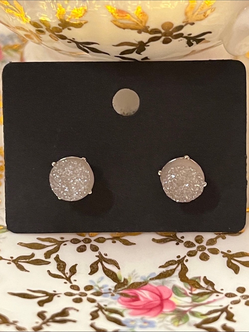 LOFT Silver-Tone White Druzy Round Stud Earrings